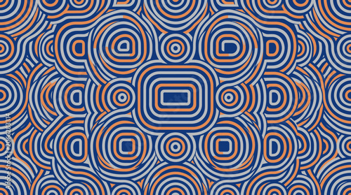 Geometric Pattern with Blue Orange and Grey Concentric Circles and Rounded Rectangles