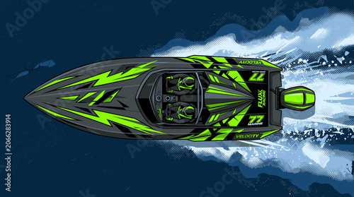Vector Illustration of a High Speed Racing Boat with Green Lightning Bolt Graphics