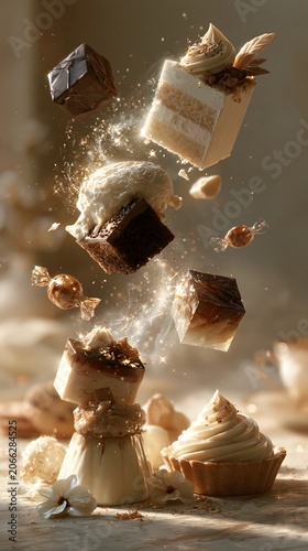 Sweets advertising background: Levitating gourmet cakes and tarts surrounded by golden light wallpaper