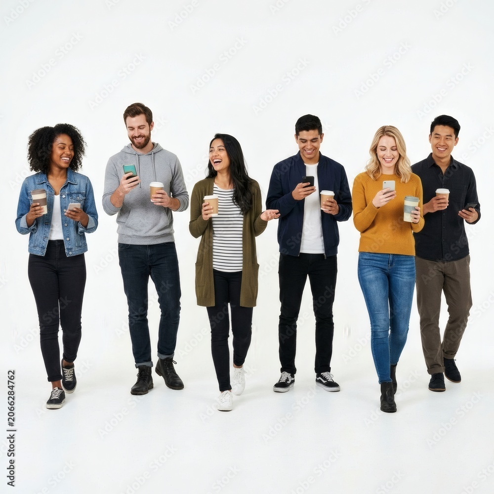 Fototapeta premium Diverse Group of Friends Walking and Using Smartphones