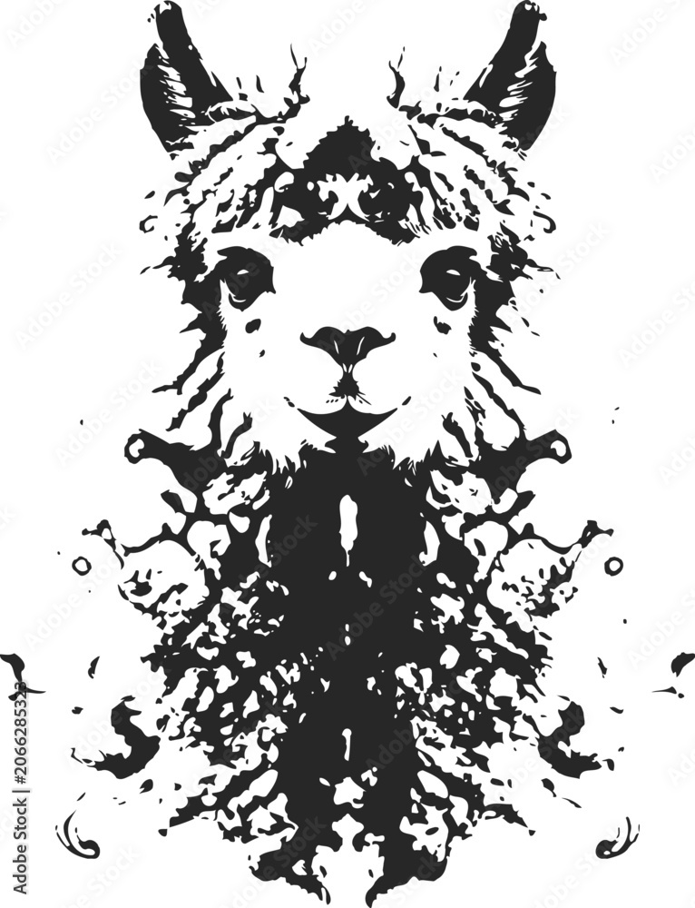 Fototapeta premium Symmetrical inkblot forming an alpaca face, black and white, abstract surreal portrait.