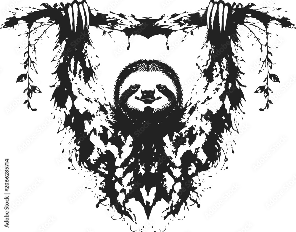 Obraz premium A Rorschach style inkblot reveals a hanging sloth with leaves and vines, black and white art.