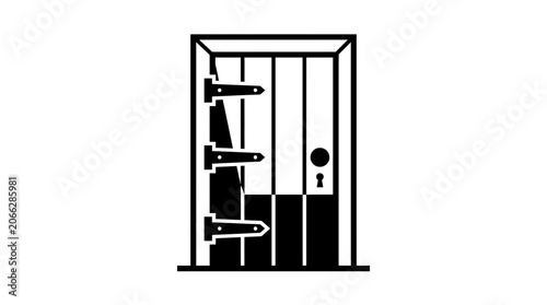 Rustic Wooden Door with Black Hinges and Keyhole Icon