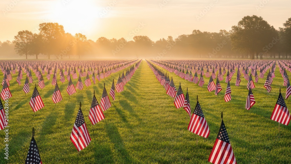 Obraz premium Patriotic American Flag Memorial at Golden Sunrise