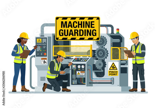 Bild auf Leinwand Three industrial workers performing safety inspection on a large machine with guarding signs