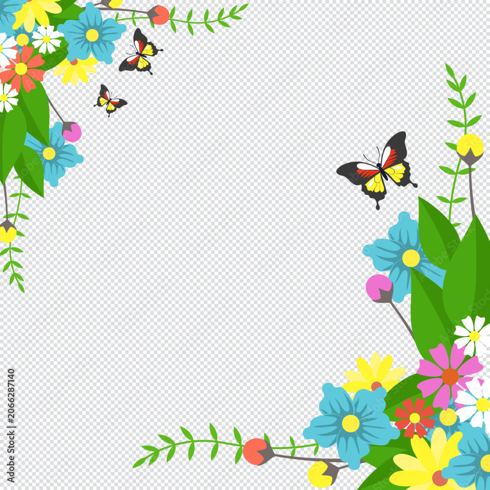 Fototapeta premium Beautiful floral corner border vector illustration featuring colorful spring flowers, flying butterflies, and green leaves on an isolated transparent background.