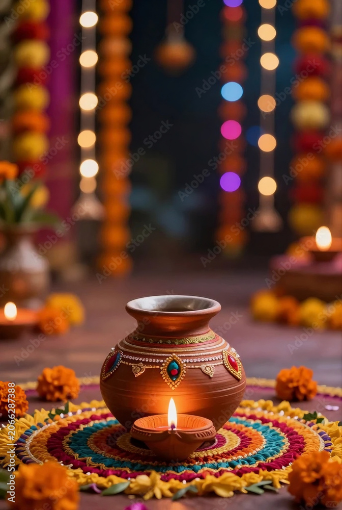 Fototapeta premium Vibrant Navratri festival background at night with a traditional clay Garba pot, glowing diya, and colorful marigold flower decoration. 