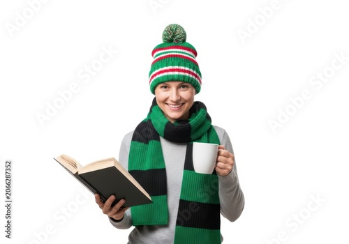 Smiling pixel art character in winter clothes holding axe and mug outdoors