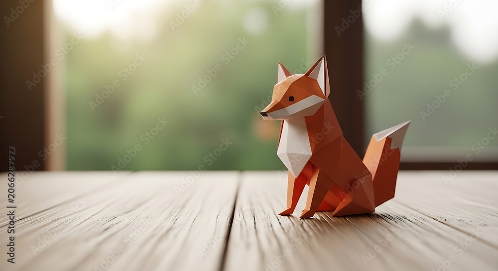 Fototapeta premium Origami Low Poly Orange Fox Figurine on Wooden Table