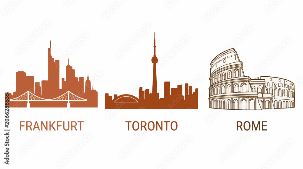 Obraz premium Flat Design City Skylines: Frankfurt, Toronto, and Rome Landmarks on White Background, Vector Illustration