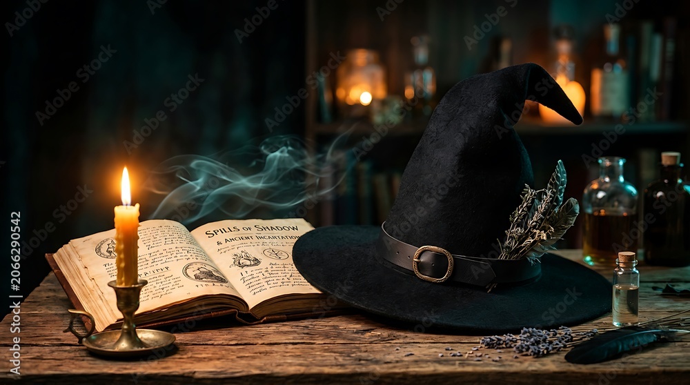 Fototapeta premium Witch hat and magic spell book with burning candle on a wooden table.