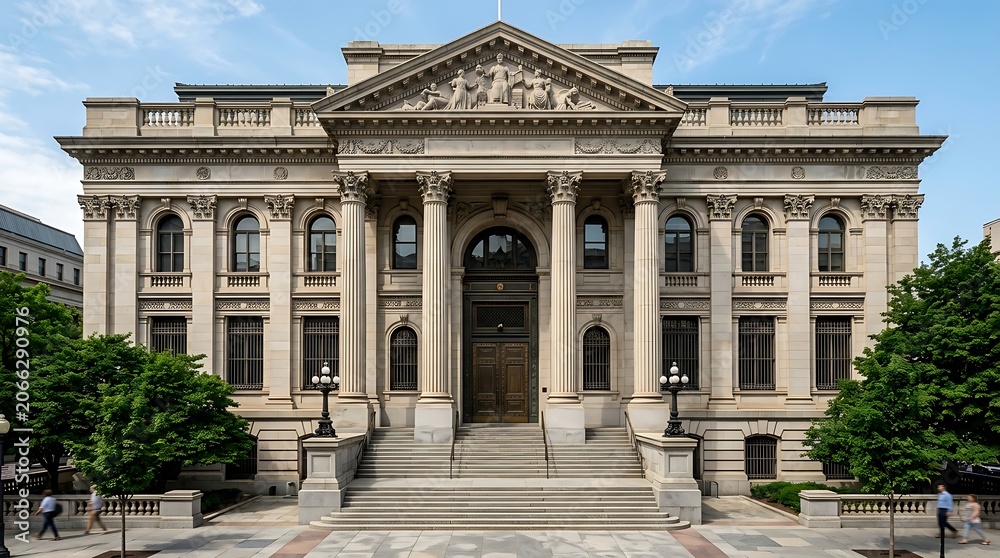 Obraz premium Neoclassical building facade with grand columns and stone steps