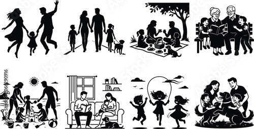 Photos Family Silhouette Collection Depicting Parenting, Outdoor Activities, and Generational Bonding in Vector StyleFamily Silhouette Collection Depicting Parenting, Outdoor Activities