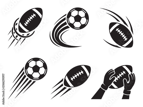 Black and white vector icon set showing flying soccer balls and American footballs with dynamic speed motion trails and goalkeeper gloves.