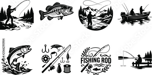 Canvastavla Fishing Silhouette Vector Set Featuring Anglers, Fish, and Equipment in Outdoor