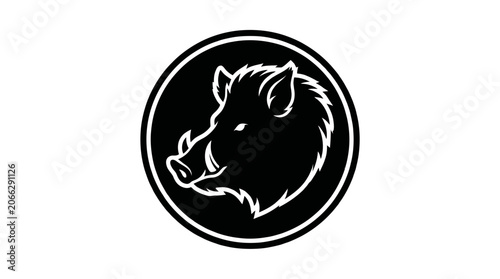 Black boar head in circle logo.