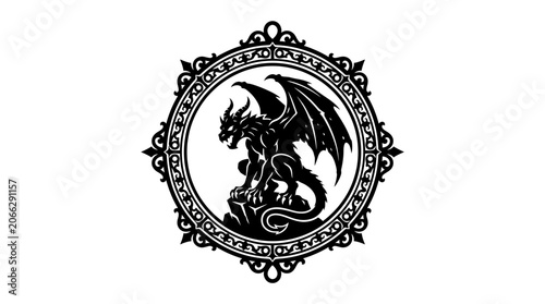 Black dragon in circular ornate frame.