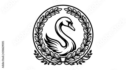 Black swan in laurel wreath logo.