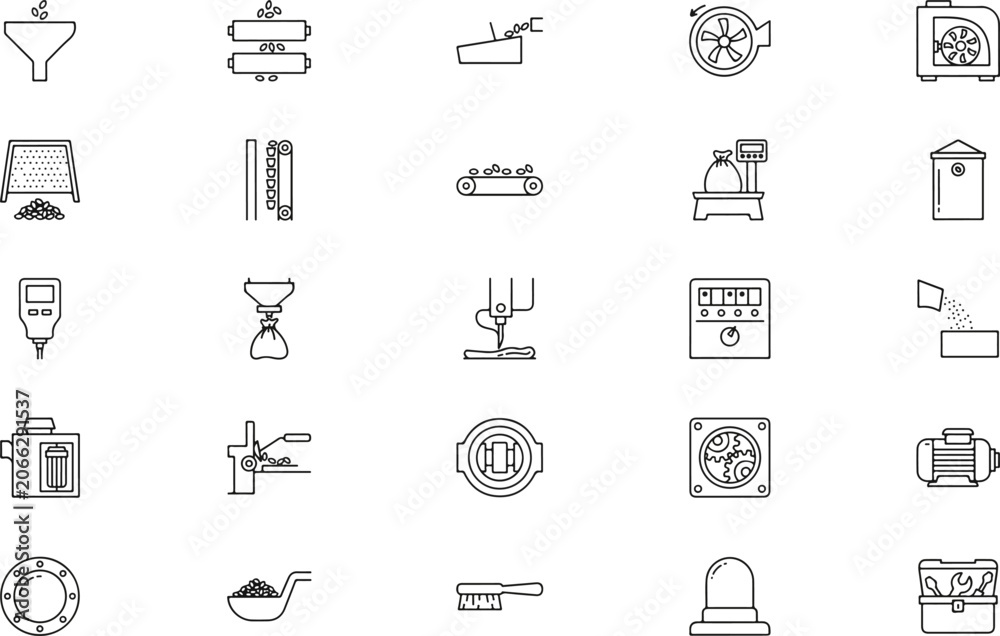Fototapeta premium Set of industrial manufacturing line equipment icons for food processing and factory automation system design