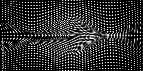 Monochrome Optical Illusion With Wavy Dot Grid, Dynamic Distortion and Abstract Wave Pattern