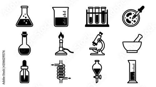 Konstfotografi Beaker Icon Set with Lab Glassware Illustrations, Chemistry Equipment Symbols, E