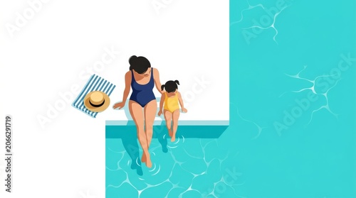 Mother and Daughter Relaxing by a Bright Blue Swimming Pool on a Sunny Day