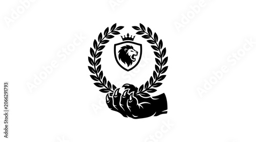 Hand holding laurel wreath shield logo.