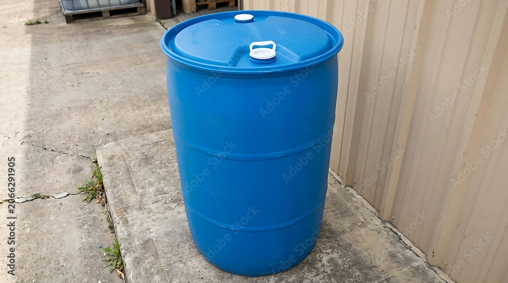 Naklejka premium Large blue plastic barrel standing on a concrete floor illustration