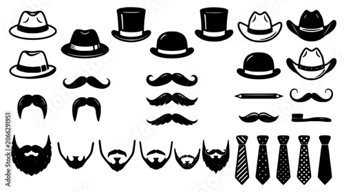 Cuadro en lienzo Hat Icons Set with Mustache Bowtie and Necktie Elements in Black and White Vecto