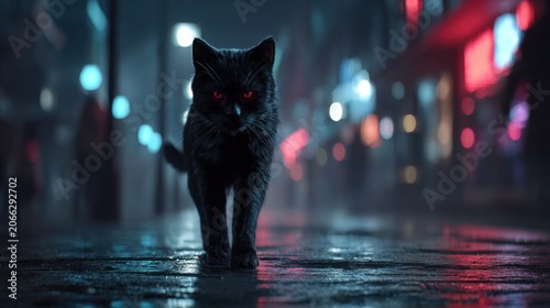 Black cat stands illuminated in urban night scene with bokeh lights