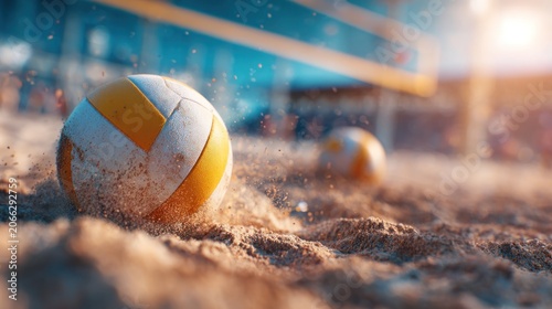 Close up of a volleyball on sand blurred background day time