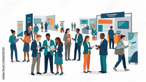 Trade Show Visitors Gathering Vector Illustration Business Event Crowd Exhibition Attendees Editorial Style Isolated on White Background