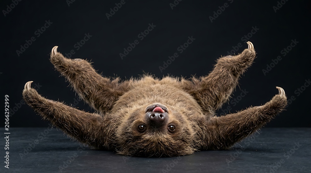 Fototapeta premium A fluffy brown sloth is lying on its back with its arms and legs spread wide in a relaxed pose against a dark background.