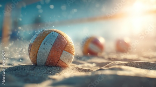 Beach volleyball in sunlight sandy close up and blurred balls
