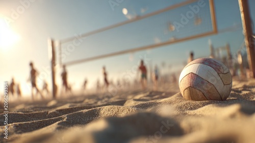 Beach volleyball game action shot with ball and net on sunny shore