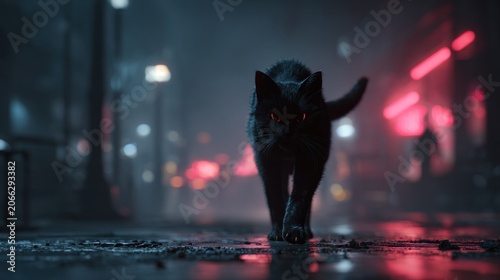 Mysterious black wolf walking through neon lit urban environment at night