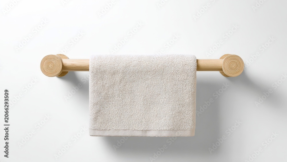 Obraz premium Soft cotton towel hanging on a minimalist wooden wall rack with bathroom