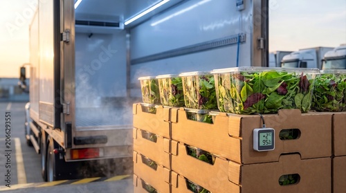 Smart cold chain logistics background. Close-up of packaged organic mixed salad mix in cardboard boxes by a refrigerated truck