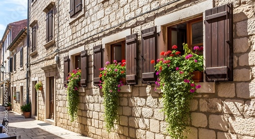 Old stone building facade with pink flowers and wooden shutters