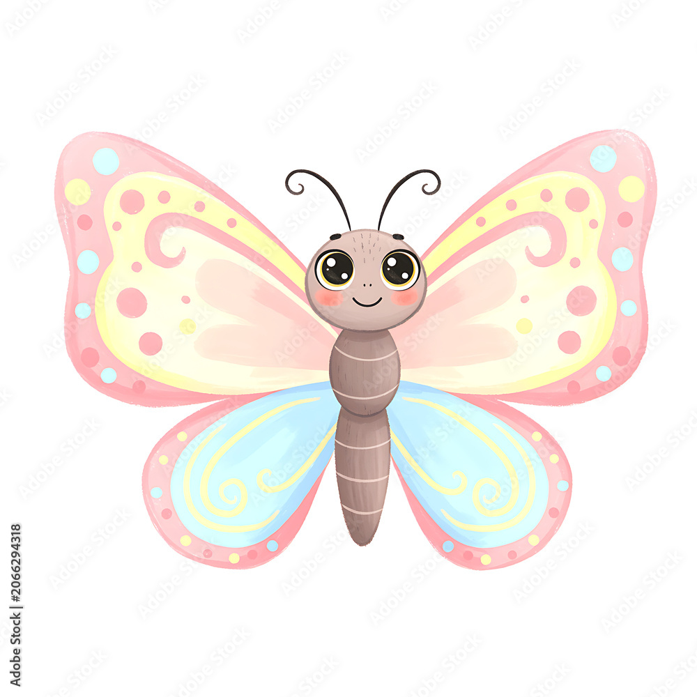Fototapeta premium Cute Pastel Cartoon Butterfly with Big Eyes and Decorative Wings Isolated on White Background