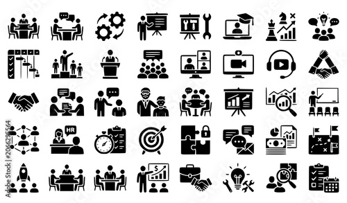 Meeting Glyph Solid Icons Collection for Business Training Seminar and Teamwork