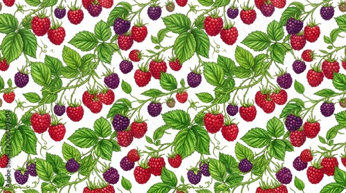 Raspberries and blackberries on vine with green leaves colorful fruit pattern