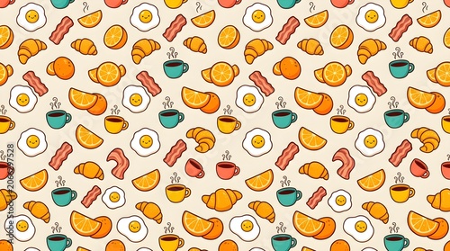 Colorful breakfast food pattern with eggs bacon croissants