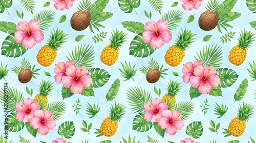 Tropical pattern with pineapples coconuts and hibiscus flowers on Sky blue background