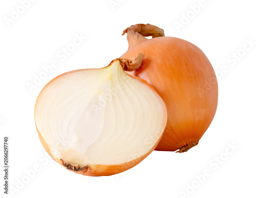 One bulb of white or big onion with slices in half in stack isolated with clipping path in png file format