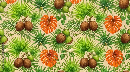 Tropical palm leaves and coconuts on beige background