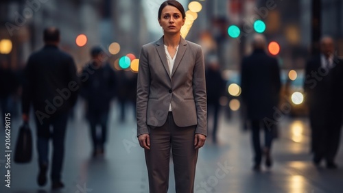 Stressed Businesswoman Standing Still in Busy City