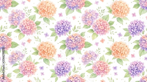 Vibrant pastel hydrangeas with green leaves on white background