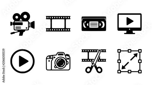 Icons Set Showing Film Camera, Clapperboard, Scissors, Play Button, Monitor, and Photo Camera on White Background