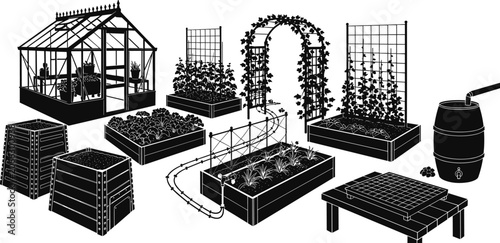 Foto Raised Garden Bed and Greenhouse Silhouette Set for Sustainable Gardening Design